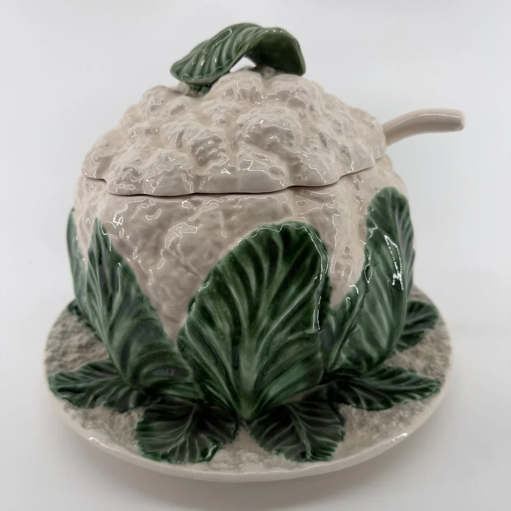 Vintage Portugal Ceramic Cauliflower Tureen Set Lid Ladle Underplate Majolica